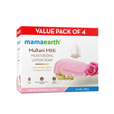 Mamaearth Multani Mitti Moisturizing Lotion Soap with Multani Mitti & Rose for Oil Control & Acne 125g (Pack of 4) | Benefits of Lotion in a Soap | Deeply Cleanses & Moisturizes | Grade 1 Acne Soap